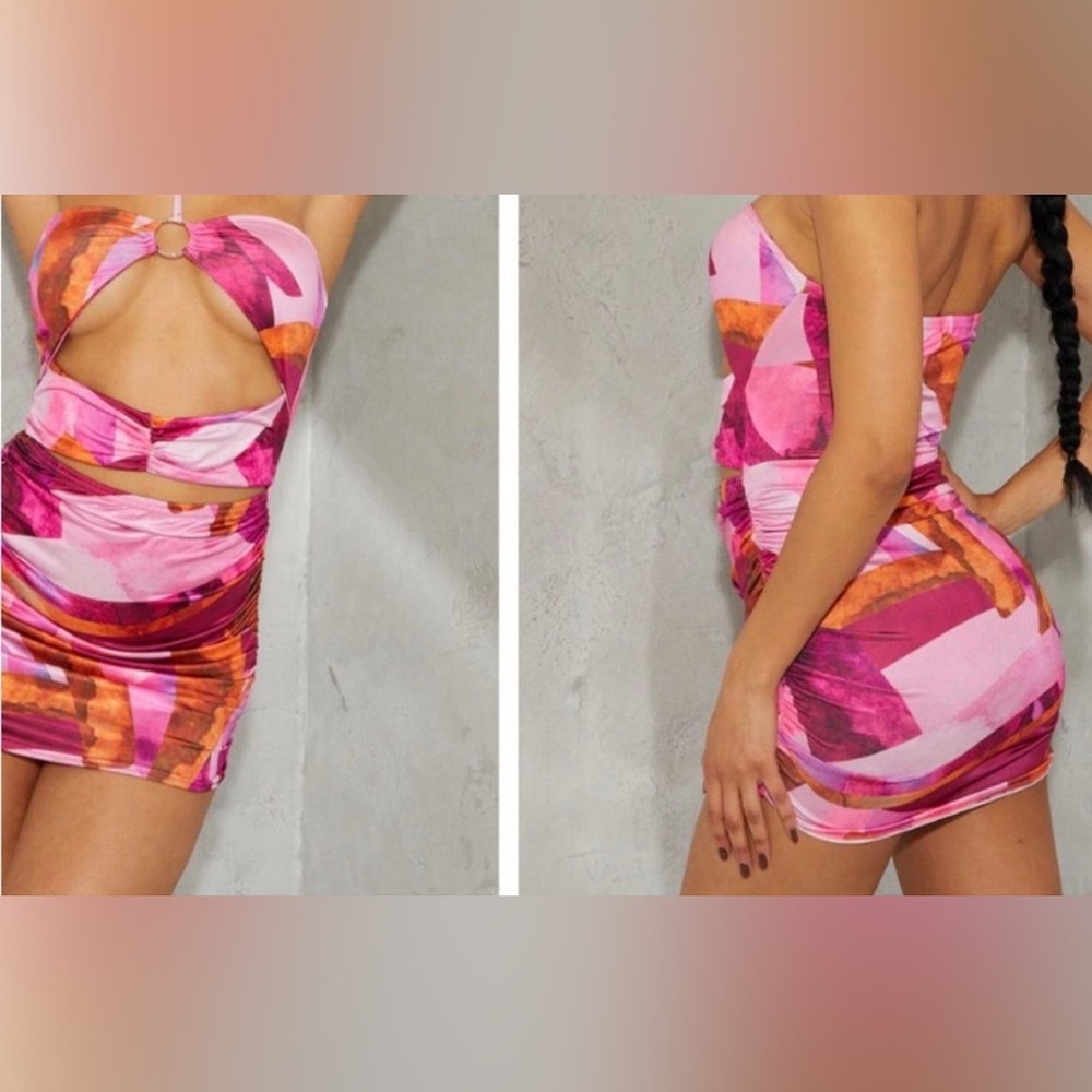 PrettyLittleThing Pink Abstract Print Slinky Ring Detail Cut Out